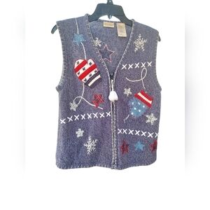 Vtg Bobbie Brooks Mittens Snowflake Embroidered Applique Knit Vest Winter Medium